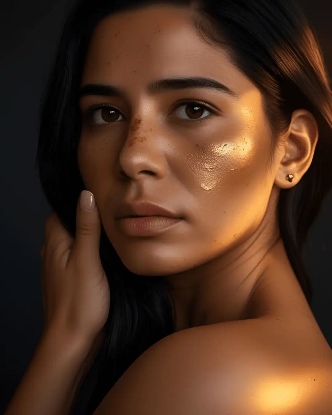 visage de femme avec des reflets et imperfections sur la peau