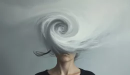 femme dont le visage est pris dans un tourbillon de peurs