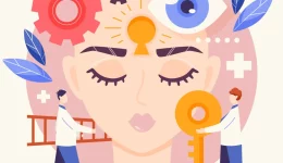Illustration symbolique de l’hypnose et de la médecine intégrative : un visage apaisé, clé et engrenages représentant l’esprit, les émotions et le soin.