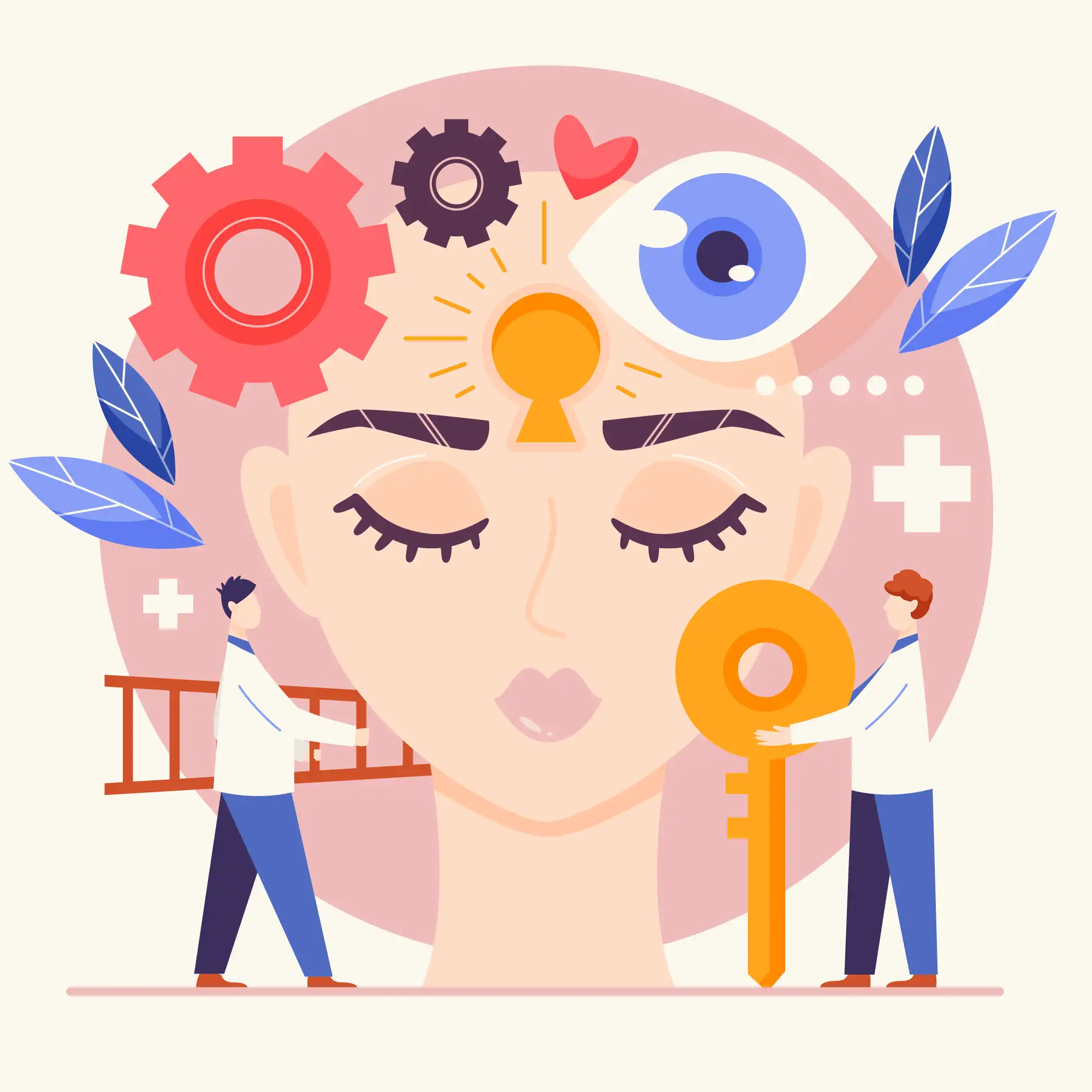 Illustration symbolique de l’hypnose et de la médecine intégrative : un visage apaisé, clé et engrenages représentant l’esprit, les émotions et le soin.