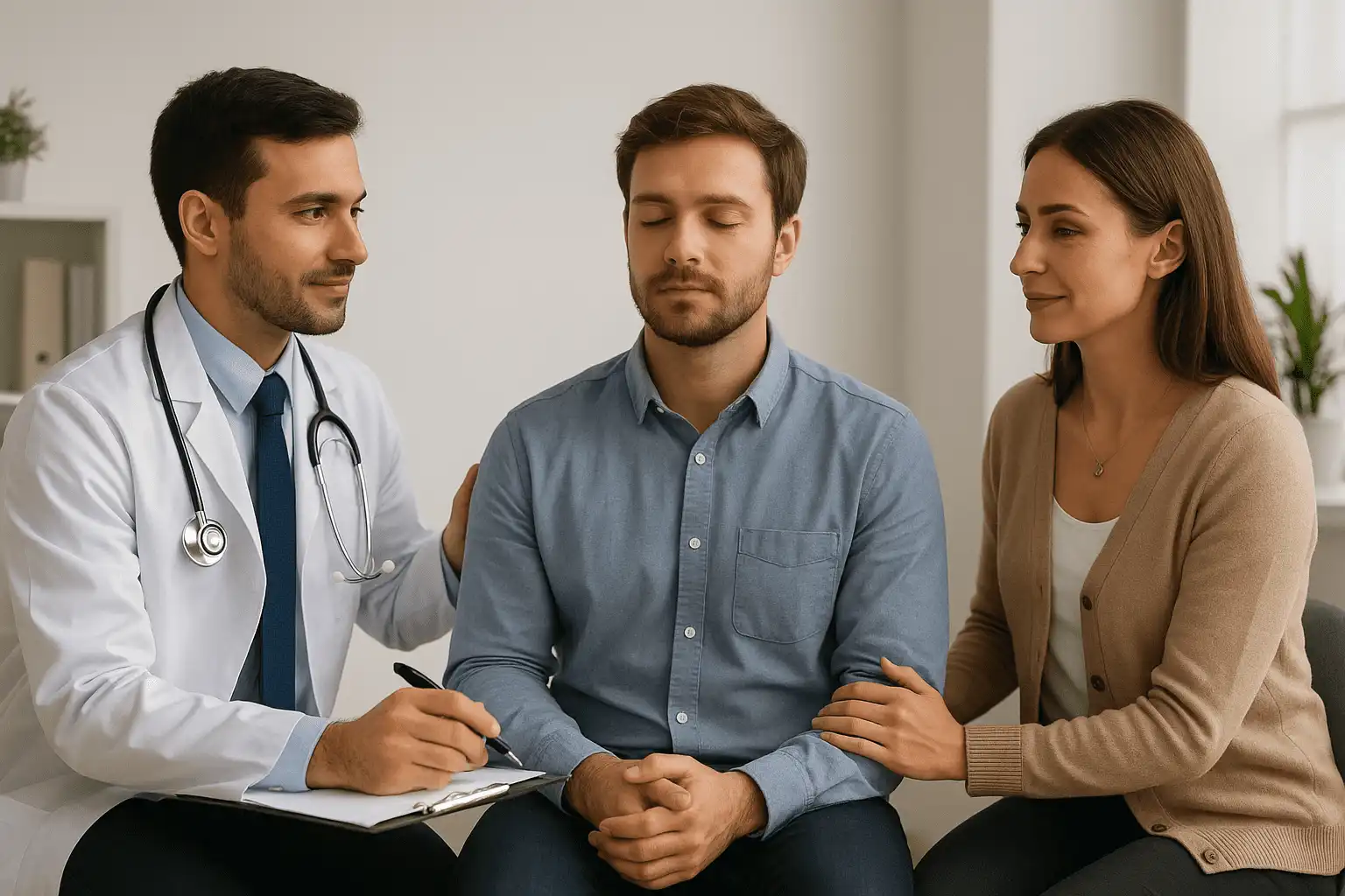 Médecin et hypnothérapeute accompagnant un patient en consultation apaisée, illustrant la complémentarité entre hypnose et médecine.